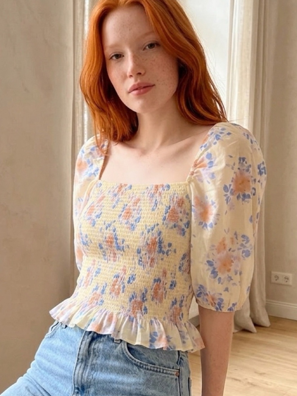 Heartloom Yellow Floral Smocked Square-Neck Peplum Top